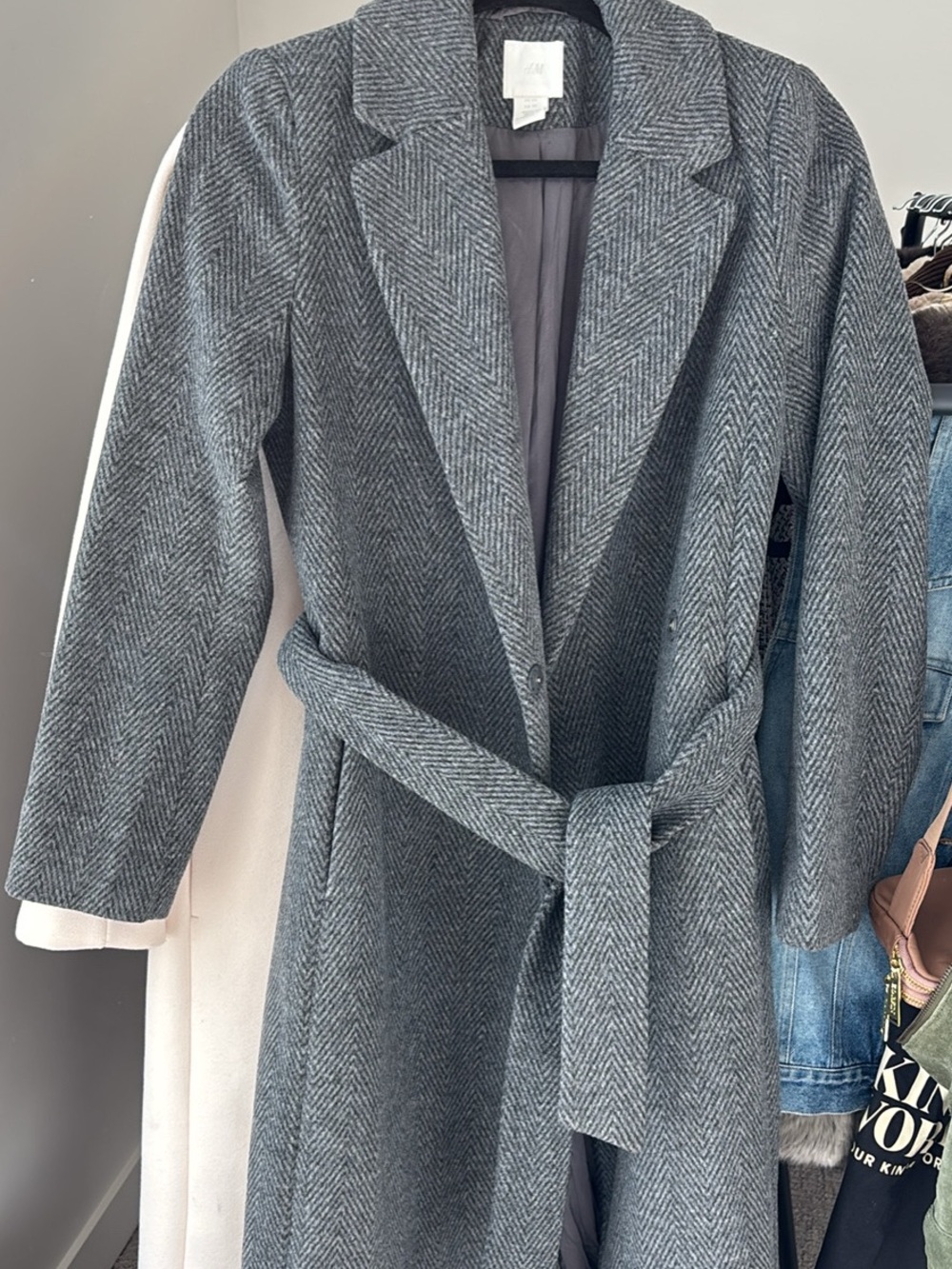 H&M Gray Herringbone Belted Trench Coat
